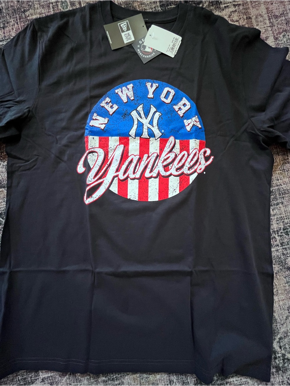 New Era Black Tee with Blue & Red Emblem